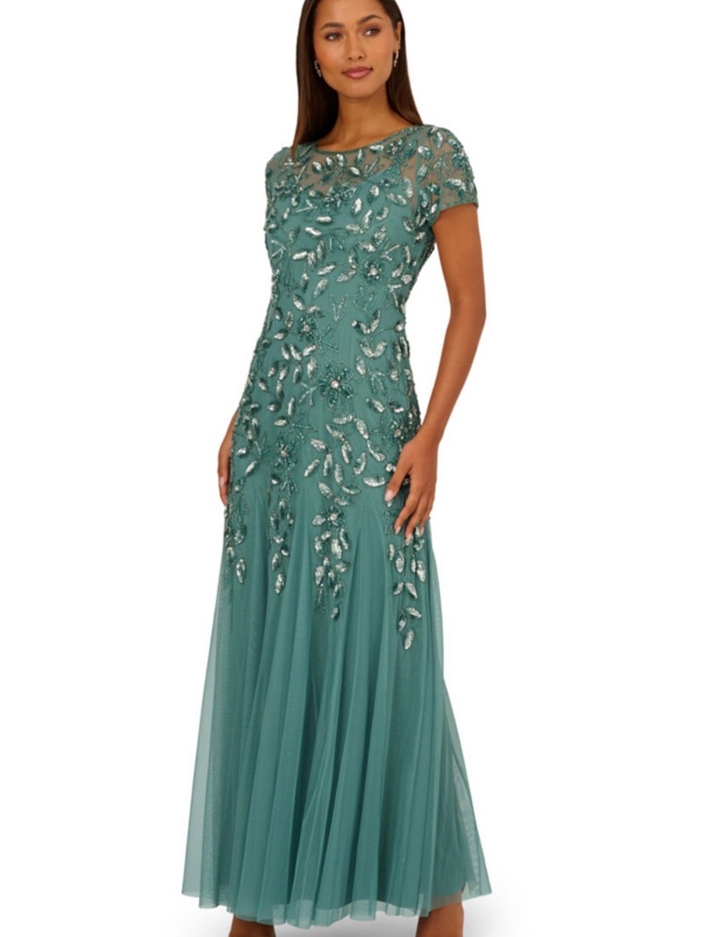 Adrianna Papell Teal Embellished Short-Sleeve Evening Gown
